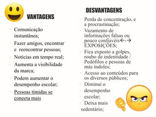 VANTAGENS
DESVANTAGENS
• Perda de concentração, e
a procrastinação;
• Vazamento de
informações falsas ou
pouco confiavéis-
EXPOSIÇÕES;
• Fica exposto a golpes,
roubo de indentidade /
Pedófilos e pessoas de
más índoles;
• Acesso ao conteúdos para
os diversos públicos;
• Diminui o
• desempenho
• escolar;
• Deixa mais
sedentário;
• Comunicação
instantânea;
• Fazer amigos, encontrar
e reencontrar pessoas;
• Noticias em tempo real;
• Aumenta a visibilidade
da marca;
• Podem aumentar o
desempenho escolar;
• Pessoas tímidas se
conecta mais
 