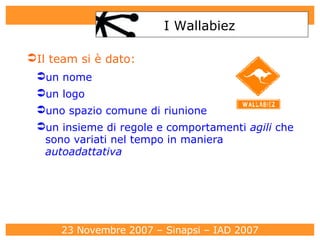 Il team si è dato: un nome un logo uno spazio comune di riunione un insieme di regole e comportamenti  agili  che sono variati nel tempo in maniera  autoadattativa I Wallabiez 
