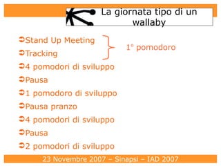 La giornata tipo di un wallaby Stand Up Meeting  Tracking 4 pomodori di sviluppo Pausa 1 pomodoro di sviluppo Pausa pranzo 4 pomodori di sviluppo Pausa 2 pomodori di sviluppo 1 o  pomodoro 