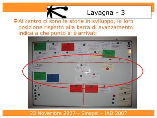 Lavagna - 3 Al centro ci sono le storie in sviluppo, la loro posizione rispetto alla barra di avanzamento indica a che punto si è arrivati 