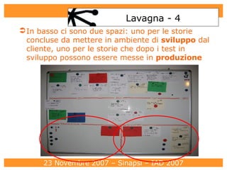 Lavagna - 4 In basso ci sono due spazi: uno per le storie concluse da mettere in ambiente di  sviluppo  dal cliente, uno per le storie che dopo i test in sviluppo possono essere messe in  produzione 