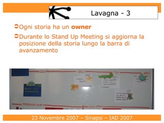 Lavagna - 3 Ogni storia ha un  owner Durante lo Stand Up Meeting si aggiorna la posizione della storia lungo la barra di avanzamento 