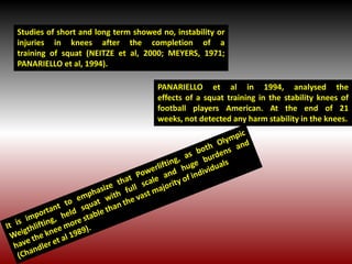 Studies of short and long term showed no, instability or
injuries in knees after the completion of a
training of squat (NEITZE et al, 2000; MEYERS, 1971;
PANARIELLO et al, 1994).
PANARIELLO et al in 1994, analysed the
effects of a squat training in the stability knees of
football players American. At the end of 21
weeks, not detected any harm stability in the knees.
 