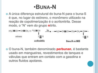 •BUNA-N 
 A única diferença estrutural do buna-N para o buna-S 
é que, no lugar do estireno, o monômero utilizado na 
reação de copolimerização é o acrilonitrila. Desse 
modo, o “N” vem do grupo nitrilo. 
 O buna-N, também denominado perbunan, é bastante 
usado em mangueiras, revestimentos de tanques e 
válvulas que entram em contato com a gasolina e 
outros fluidos apolares. 
 
