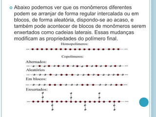  Abaixo podemos ver que os monômeros diferentes 
podem se arranjar de forma regular intercalada ou em 
blocos, de forma aleatória, dispondo-se ao acaso, e 
também pode acontecer de blocos de monômeros serem 
enxertados como cadeias laterais. Essas mudanças 
modificam as propriedades do polímero final. 
 