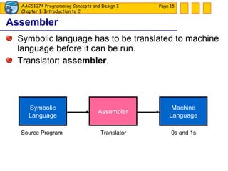Assembler Symbolic language has to be translated to machine language before it can be run. Translator:  assembler . Page  Symbolic Language Machine Language Assembler Source Program Translator 0s and 1s 