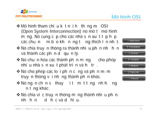 Mô hình OSI
 Mô hình tham chiếu kết nối hệ thống mở OSI
  (Open System Interconnection) nó mô tả mô hình
  mạng. Nó cung cấp cho các nhà sản xuất tập hợp
  các chuẩn đảm bảo khả năng tương thích lớn nhất.
 Nó chia truyền thông ra thành nhiều phần nhỏ hơn
  và thành các phần dễ quản lý.
 Nó chuẩn hóa các thành phần mạng để cho phép
  nhiều nhà sản xuất phát triển và hỗ trợ.
 Nó cho phép các loại phần cứng và phần mềm
  truyền thông với những thành phần khác.
 Nó ngăn chặn sự thay đổi từ một tầng ảnh hưởng
  đến tầng khác.
 Nó chia việc truyền thông mạng thành nhiều phần
  nhỏ hơn để dễ học và dễ hiểu.
Slide 1 – Khái niệm và ứng dụng của mạng máy tính             11
 