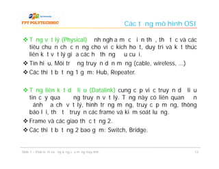 Các tầng mô hình OSI

 Tầng vật lý (Physical) định nghĩa mức điện thế, thủ tục và các
  tiêu chuẩn chức năng cho việc kích hoạt, duy trì và kết thúc
  liên kết vật lý giữa các hệ thống đầu cuối.
 Tín hiệu, Môi trường truyền dẫn mạng (cable, wireless, …)
 Các thiết bị tầng 1 gồm: Hub, Repeater.

 Tầng liên kết dữ liệu (Datalink) cung cấp việc truyền dữ liệu
  tin cậy qua đường truyền vật lý. Tầng này có liên quan đến
  đánh địa chỉ vật lý, hình trạng mạng, truy cập mạng, thông
  báo lỗi, thứ tự truyền các frame và kiểm soát luồng.
 Frame và các giao thức tầng 2.
 Các thiết bị tầng 2 bao gồm: Switch, Bridge.


Slide 1 – Khái niệm và ứng dụng của mạng máy tính                      12
 