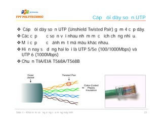 Cáp đôi dây soắn UTP

 Cáp đôi dây soắn UTP (Unshield Twisted Pair) gồm 4 cặp dây.
 Các cặp được soắn với nhau nhằm mục đích chống nhiễu.
 Mỗi cặp được đánh một mã màu khác nhau.
 Hiện nay sử dụng hai loại là UTP 5/5e (100/1000Mbps) và
  UTP 6 (1000Mbps)
 Chuẩn TIA/EIA T568A/T568B




Slide 1 – Khái niệm và ứng dụng của mạng máy tính                      23
 