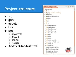 Project structure
●   src
●   gen
●   assets
●   libs
●   res
    ○   drawable
    ○   layout
    ○   menu
    ○   values
● AndroidManifest.xml
 