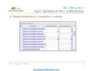 Thông tin hàng hóa chứa trong kho của công ty
Giới thiệu một
ứng dụng hoàn chỉnh của MS Access
Slide 1 - Tổng quan về MS Access 23
 