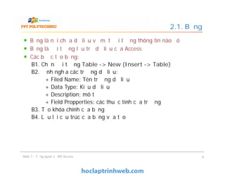 Bảng là nơi chứa dữ liệu về một đối tượng thông tin nào đó
Bảng là đối tượng lưu trữ dữ liệu của Access
Các bước tạo bảng:
B1. Chọn đối tượng Table -> New (Insert -> Table)
B2. Định nghĩa các trường dữ liệu:
+ Filed Name: Tên trường dữ liệu
+ Data Type: Kiểu dữ liệu
+ Description: mô tả
+ Field Propperties: các thuộc tính của trường
B3. Tạo khóa chính của bảng
B4. Lưu lại cấu trúc của bảng vừa tạo
2.1. Bảng
Bảng là nơi chứa dữ liệu về một đối tượng thông tin nào đó
Bảng là đối tượng lưu trữ dữ liệu của Access
Các bước tạo bảng:
B1. Chọn đối tượng Table -> New (Insert -> Table)
B2. Định nghĩa các trường dữ liệu:
+ Filed Name: Tên trường dữ liệu
+ Data Type: Kiểu dữ liệu
+ Description: mô tả
+ Field Propperties: các thuộc tính của trường
B3. Tạo khóa chính của bảng
B4. Lưu lại cấu trúc của bảng vừa tạo
Slide 1 - Tổng quan về MS Access 6
 