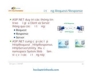 ASP.NET duy trì các thông tin
trao đổi giữa Client và Server
thông qua các đối tượng:
Request
Response
Server
ASP.NET cung cấp các lớp
HttpRequest , HttpResponse,
HttpServerUtility thuộc
namespace System.Web để làm
việc với các đối tượng này
Đối tượng Request/Response
HTTP Request
HTTP Response
ASP.NET duy trì các thông tin
trao đổi giữa Client và Server
thông qua các đối tượng:
Request
Response
Server
ASP.NET cung cấp các lớp
HttpRequest , HttpResponse,
HttpServerUtility thuộc
namespace System.Web để làm
việc với các đối tượng này
Làm quen với ASP.NET 18
 