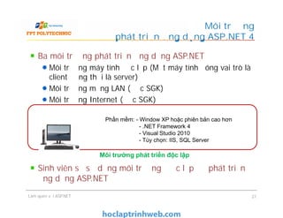 Ba môi trường phát triển ứng dụng ASP.NET
Môi trường máy tính độc lập (Một máy tính đóng vai trò là
client đồng thời là server)
Môi trường mạng LAN (Đọc SGK)
Môi trường Internet (Đọc SGK)
Sinh viên sẽ sử dụng môi trường độc lập để phát triển
ứng dụng ASP.NET
Môi trường
phát triển ứng dụng ASP.NET 4
Ba môi trường phát triển ứng dụng ASP.NET
Môi trường máy tính độc lập (Một máy tính đóng vai trò là
client đồng thời là server)
Môi trường mạng LAN (Đọc SGK)
Môi trường Internet (Đọc SGK)
Sinh viên sẽ sử dụng môi trường độc lập để phát triển
ứng dụng ASP.NET
Làm quen với ASP.NET 21
Phần mềm: - Window XP hoặc phiên bản cao hơn
- .NET Framework 4
- Visual Studio 2010
- Tùy chọn: IIS, SQL Server
Môi trường phát triển độc lập
 