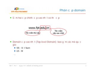 Gồm hai cấp chính: cấp cao nhất và thứ cấp
Domain cấp cao nhất (Top-level Domain): bao gồm các mã quốc
gia:
VN : Việt Nam
US : Mỹ
…
Phân cấp domain
Gồm hai cấp chính: cấp cao nhất và thứ cấp
Domain cấp cao nhất (Top-level Domain): bao gồm các mã quốc
gia:
VN : Việt Nam
US : Mỹ
…
Bài 1 : Hoạt động quản trị website và hosting server 7
 