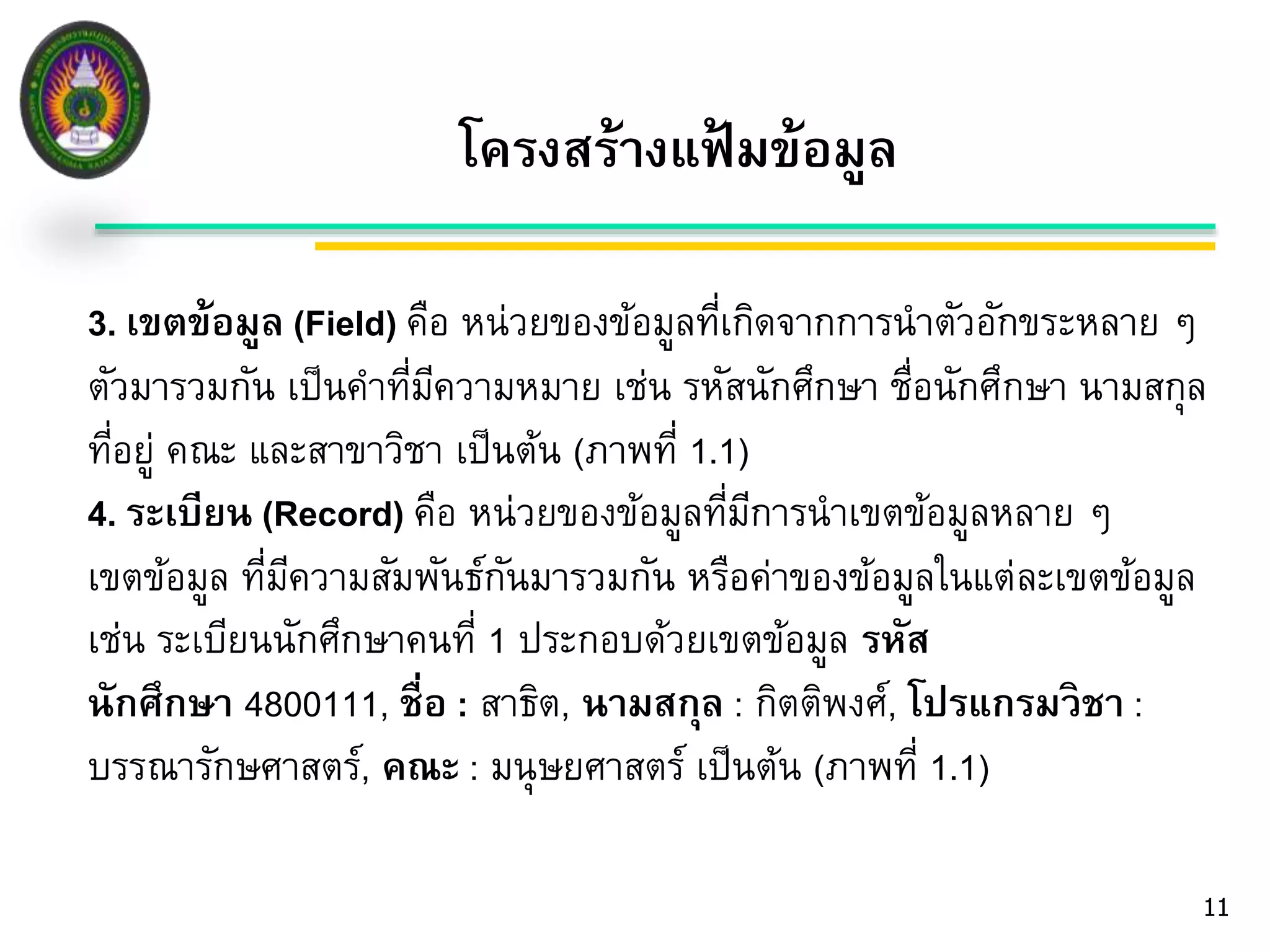 โครงสร้างแฟ้มข้อมูล 
3. เขตข้อมูล (Field) คือ หน่วยของข้อมูลที่เกิดจากการนาตัวอักขระหลาย ๆ 
ตัวมารวมกัน เป็นคา ที่มีความหมาย เช่น รหัสนักศึกษา ชื่อนักศึกษา นามสกุล 
ที่อยู่ คณะ และสาขาวิชา เป็นต้น (ภาพที่ 1.1) 
4. ระเบียน (Record) คือ หน่วยของข้อมูลที่มีการนาเขตข้อมูลหลาย ๆ 
เขตข้อมูล ที่มีความสัมพันธ์กันมารวมกัน หรือค่าของข้อมูลในแต่ละเขตข้อมูล 
เช่น ระเบียนนักศึกษาคนที่ 1 ประกอบด้วยเขตข้อมูล รหัส 
นักศึกษา 4800111, ชื่อ : สาธิต, นามสกุล : กิตติพงศ์, โปรแกรมวิชา : 
บรรณารักษศาสตร์, คณะ : มนุษยศาสตร์ เป็นต้น (ภาพที่ 1.1) 
11 
 