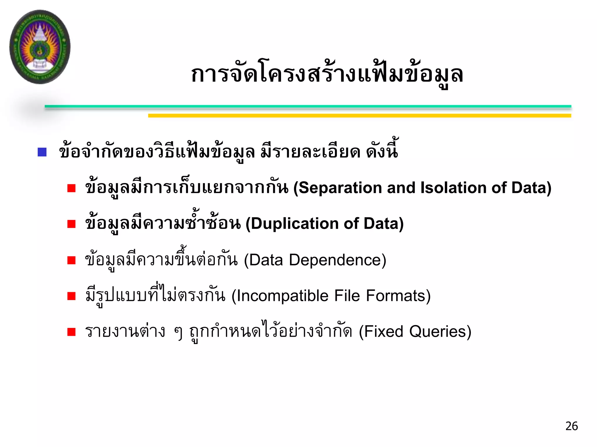 26 
การจัดโครงสร้างแฟ้มข้อมูล 
 ข้อจา กัดของวิธีแฟ้มข้อมูล มีรายละเอียด ดังนี้ 
 ข้อมูลมีการเก็บแยกจากกัน (Separation and Isolation of Data) 
 ข้อมูลมีความซา้ซ้อน (Duplication of Data) 
 ข้อมูลมีความขึ้นต่อกัน (Data Dependence) 
 มีรูปแบบที่ไม่ตรงกัน (Incompatible File Formats) 
 รายงานต่าง ๆ ถูกกาหนดไว้อย่างจากัด (Fixed Queries) 
 