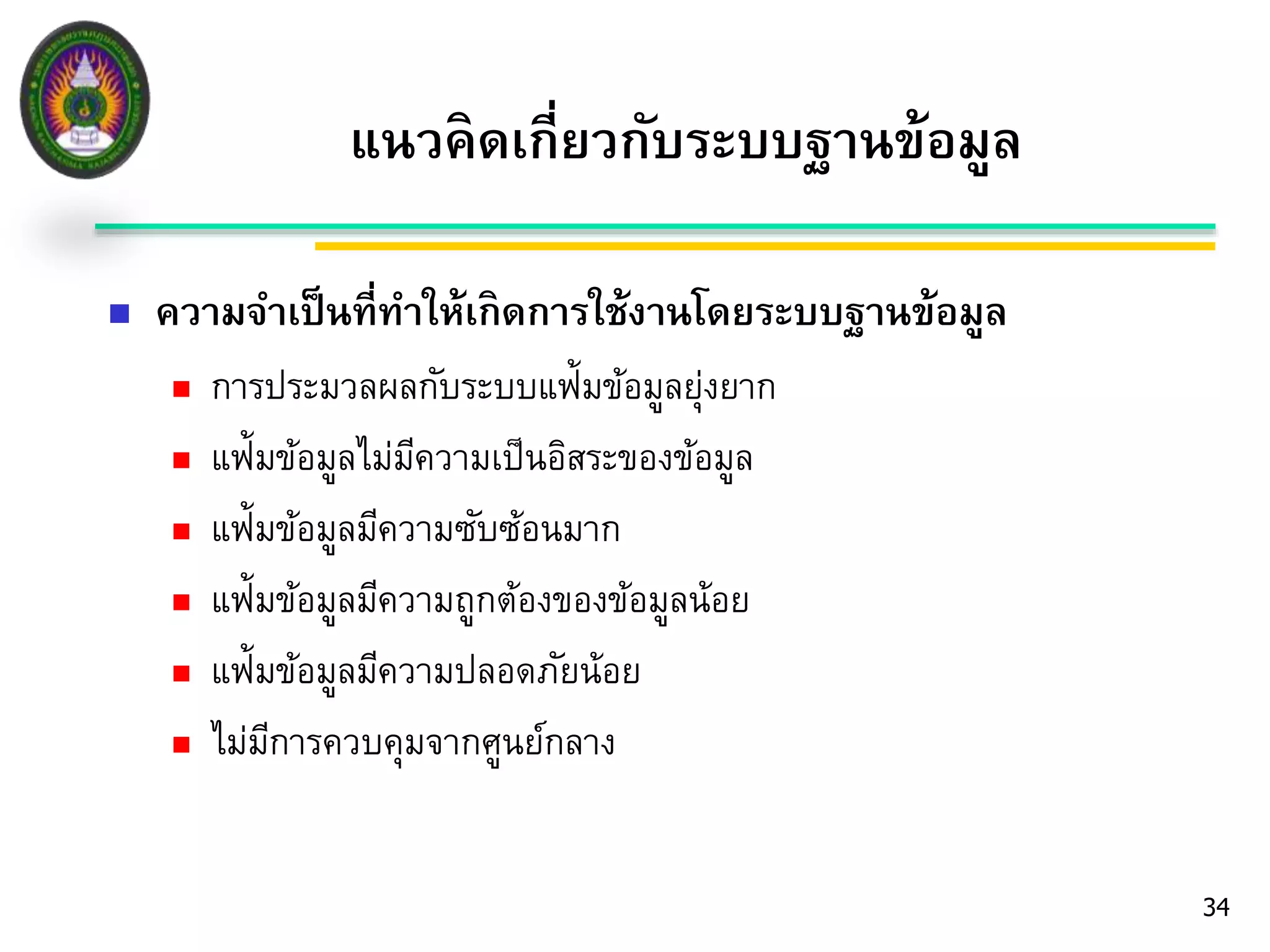 แนวคิดเกี่ยวกับระบบฐานข้อมูล 
 ความจา เป็นที่ทา ให้เกิดการใช้งานโดยระบบฐานข้อมูล 
 การประมวลผลกับระบบแฟ้มข้อมูลยุ่งยาก 
 แฟ้มข้อมูลไม่มีความเป็นอิสระของข้อมูล 
 แฟ้มข้อมูลมีความซับซ้อนมาก 
 แฟ้มข้อมูลมีความถูกต้องของข้อมูลน้อย 
 แฟ้มข้อมูลมีความปลอดภัยน้อย 
 ไม่มีการควบคุมจากศูนย์กลาง 
34 
 