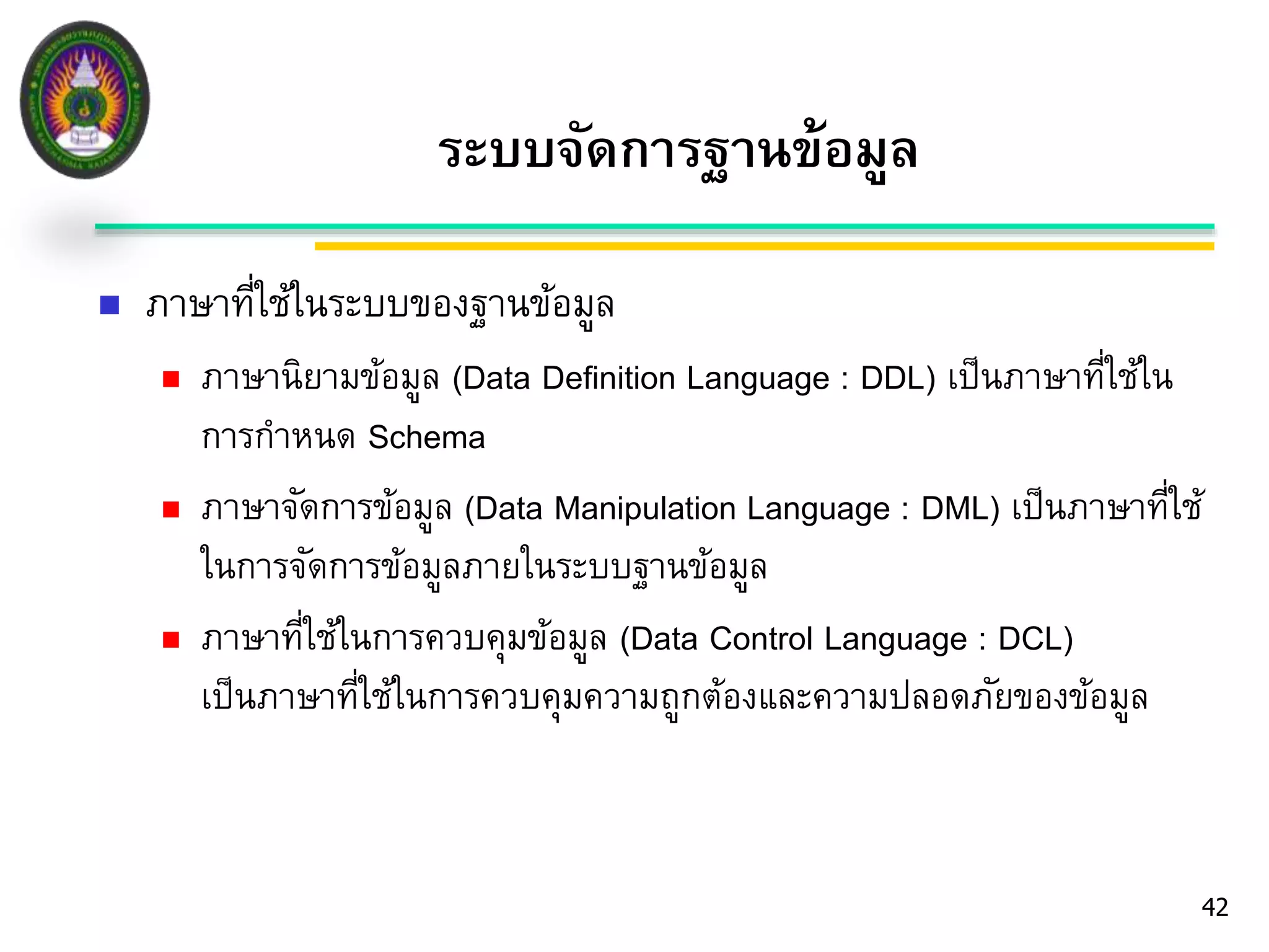  ภาษาที่ใช้ในระบบของฐานข้อมูล 
 ภาษานิยามข้อมูล (Data Definition Language : DDL) เป็นภาษาที่ใช้ใน 
การกาหนด Schema 
 ภาษาจัดการข้อมูล (Data Manipulation Language : DML) เป็นภาษาที่ใช้ 
ในการจัดการข้อมูลภายในระบบฐานข้อมูล 
 ภาษาที่ใช้ในการควบคุมข้อมูล (Data Control Language : DCL) 
เป็นภาษาที่ใช้ในการควบคุมความถูกต้องและความปลอดภัยของข้อมูล 
42 
ระบบจัดการฐานข้อมูล 
 