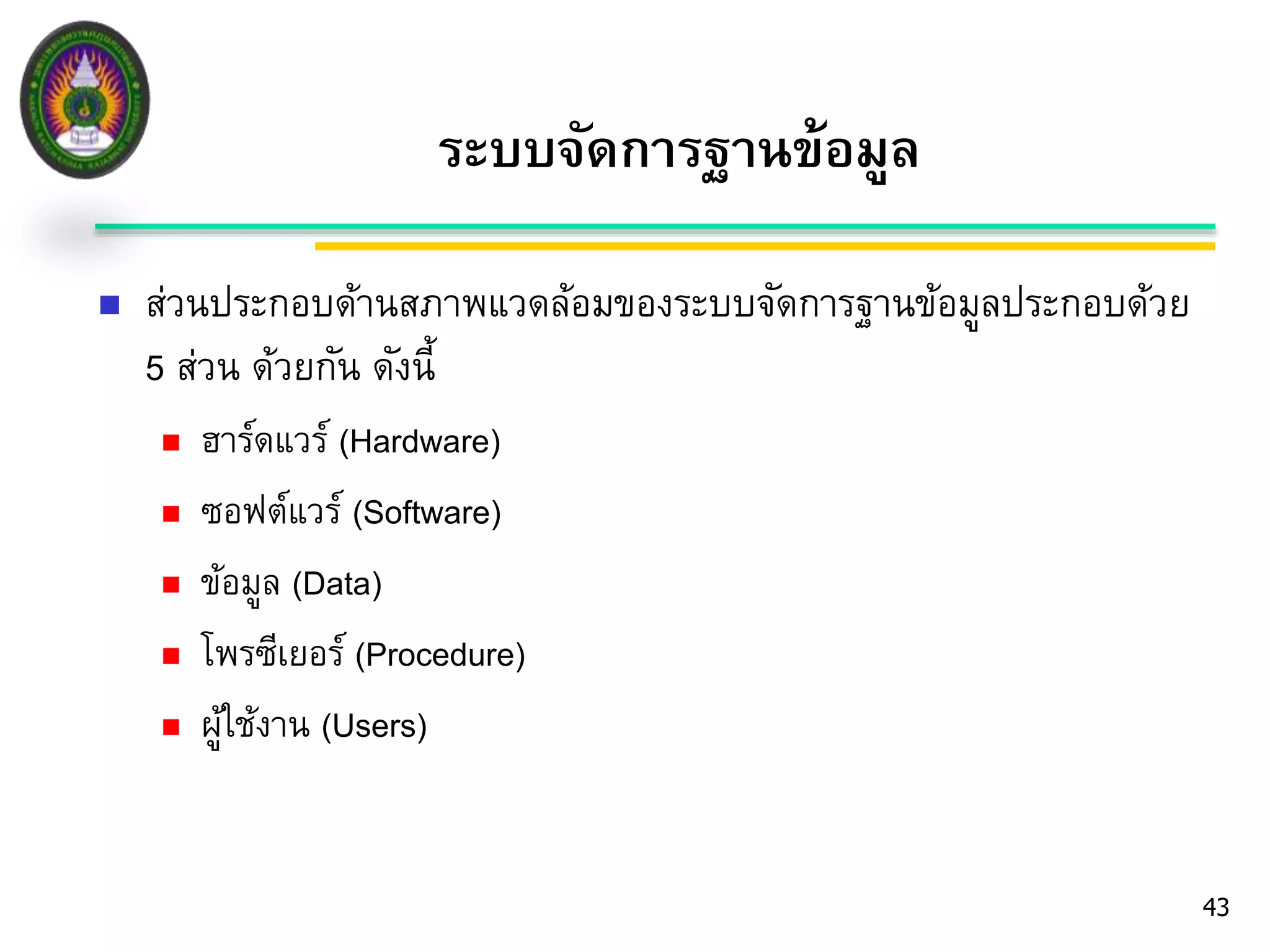  ส่วนประกอบด้านสภาพแวดล้อมของระบบจัดการฐานข้อมูลประกอบด้วย 
5 ส่วน ด้วยกัน ดังนี้ 
 ฮาร์ดแวร์ (Hardware) 
 ซอฟต์แวร์ (Software) 
 ข้อมูล (Data) 
 โพรซีเยอร์(Procedure) 
 ผู้ใช้งาน (Users) 
43 
ระบบจัดการฐานข้อมูล 
 