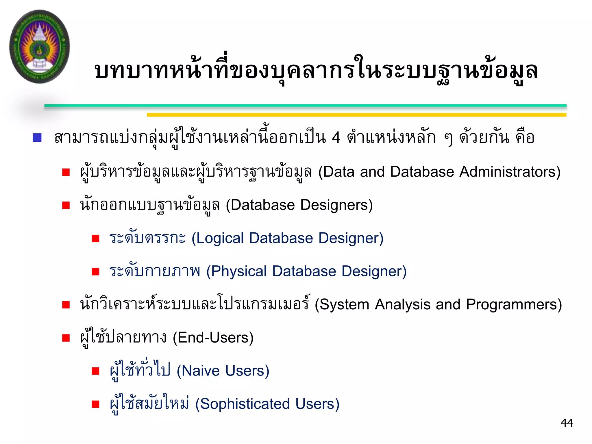 44 
บทบาทหน้าที่ของบุคลากรในระบบฐานข้อมูล 
 สามารถแบ่งกลุ่มผู้ใช้งานเหล่านี้ออกเป็น 4 ตาแหน่งหลัก ๆ ด้วยกัน คือ 
 ผู้บริหารข้อมูลและผู้บริหารฐานข้อมูล (Data and Database Administrators) 
 นักออกแบบฐานข้อมูล (Database Designers) 
 ระดับตรรกะ (Logical Database Designer) 
 ระดับกายภาพ (Physical Database Designer) 
 นักวิเคราะห์ระบบและโปรแกรมเมอร์(System Analysis and Programmers) 
 ผู้ใช้ปลายทาง (End-Users) 
 ผู้ใช้ทัว่ไป (Naive Users) 
 ผู้ใช้สมัยใหม่(Sophisticated Users) 
 