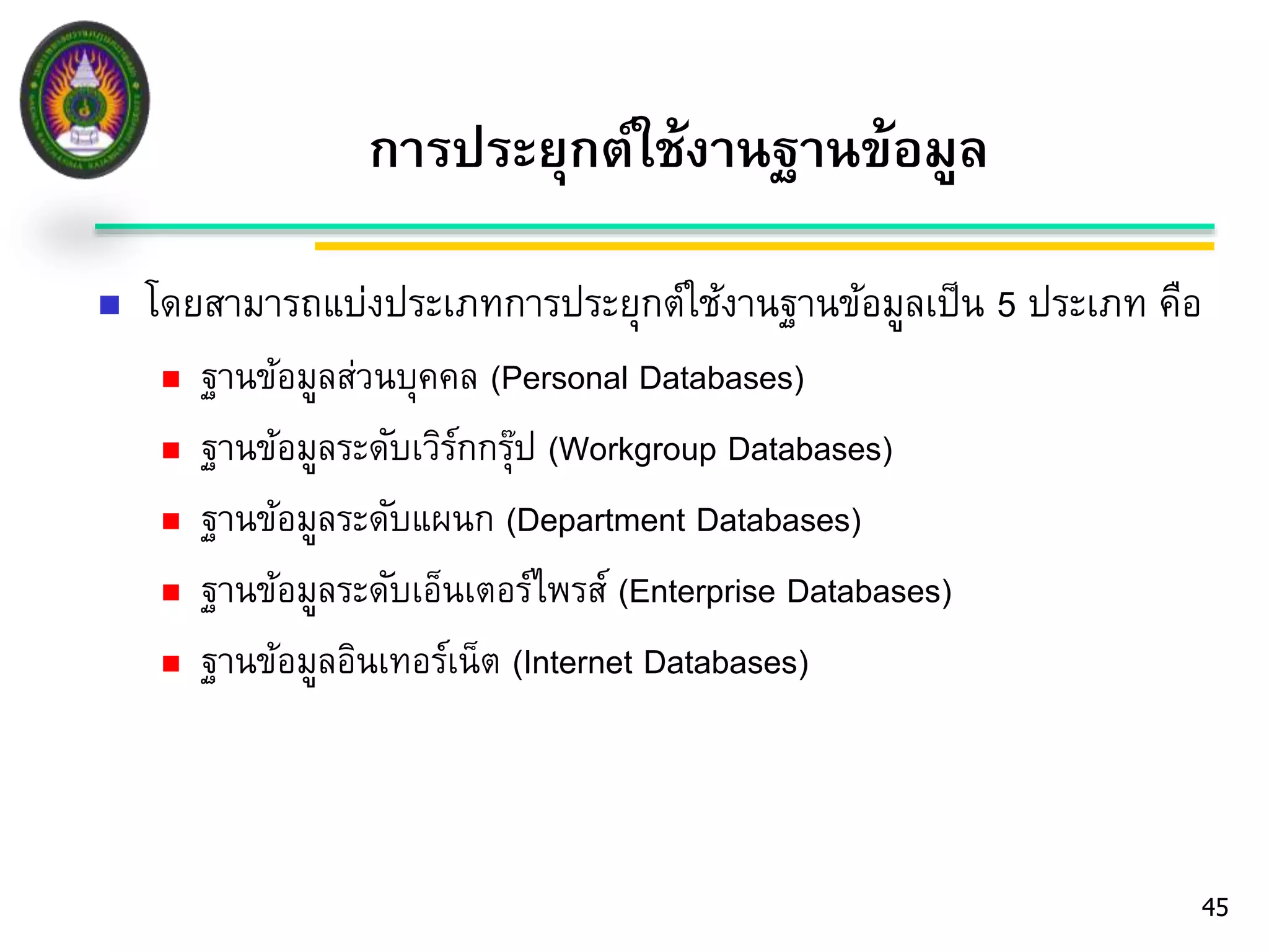 45 
การประยุกต์ใช้งานฐานข้อมูล 
 โดยสามารถแบ่งประเภทการประยุกต์ใช้งานฐานข้อมูลเป็น 5 ประเภท คือ 
 ฐานข้อมูลส่วนบุคคล (Personal Databases) 
 ฐานข้อมูลระดับเวิร์กกรปุ๊ (Workgroup Databases) 
 ฐานข้อมูลระดับแผนก (Department Databases) 
 ฐานข้อมูลระดับเอ็นเตอร์ไพรส์(Enterprise Databases) 
 ฐานข้อมูลอินเทอร์เน็ต (Internet Databases) 
 