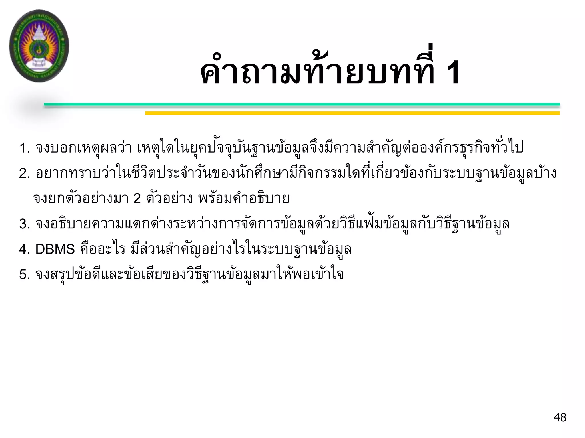 48 
คาถามท้ายบทที่ 1 
1. จงบอกเหตุผลว่า เหตุใดในยุคปัจ 
จุบันฐานข้อมูลจึงมีความสา คัญต่อองค์กรธุรกิจทัว่ไป 
2. อยากทราบว่าในชีวิตประจา วันของนักศึกษามีกิจกรรมใดที่เกี่ยวข้องกับระบบฐานข้อมูลบ้าง 
จงยกตัวอย่างมา 2 ตัวอย่าง พร้อมคาอธิบาย 
3. จงอธิบายความแตกต่างระหว่างการจัดการข้อมูลด้วยวิธีแฟ้มข้อมูลกับวิธีฐานข้อมูล 
4. DBMS คืออะไร มีส่วนสา คัญอย่างไรในระบบฐานข้อมูล 
5. จงสรุปข้อดีและข้อเสียของวิธีฐานข้อมูลมาให้พอเข้าใจ 
 