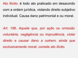 Ato Ilícito: é todo ato praticado em desacordo
com a ordem jurídica, violando direito subjetivo
individual. Causa dano patrimonial e ou moral.
Art. 186. Aquele que, por ação ou omissão
voluntária, negligência ou imprudência, violar
direito e causar dano a outrem, ainda que
exclusivamente moral, comete ato ilícito.
 