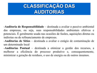 CLASSIFICAÇÃO DAS
AUDITORIAS
-Auditoria de Responsabilidade – destinada a avaliar o passivo ambiental
das empresas, ou seja, suas responsabilidades ambientais efetivas e
potenciais. É geralmente usada nas ocasiões de fusões, aquisições diretas ou
indiretas ou de refinanciamento de empresas.
-Auditorias de Sítios – destinada a avaliar o estágio de contaminação de
um determinado local
-Auditorias Pontual – destinada a otimizar a gestão dos recursos, a
melhorar a eficiência do processo produtivo e, consequentemente,
minimizar a geração de resíduos, o uso de energia ou de outros insumos.
 