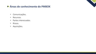 Áreas de conhecimento do PMBOK
• Comunicações.
• Recursos.
• Partes interessadas.
• Riscos.
• Aquisições.
 