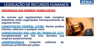 HIERARQUIA DAS NORMAS TRABALHISTAS
As normas que regulamentam todo complexo
trabalhista estão organizadas hierarquicamente da
seguinte forma:
•CONSTITUIÇÃO FEDERAL (CF/88): Norma jurídica
máxima, soberana a qualquer outra.
•CONSOLIDAÇÃO DAS LEIS DO TRABALHO (CLT):
Complementada por leis e/ou decretos que
surgiram posteriormente.
•JURISPRUDÊNCIA: Conjunto uniforme de
sentenças proferidas por juízes.
LEGISLAÇÃO DE RECURSOS HUMANOS
 