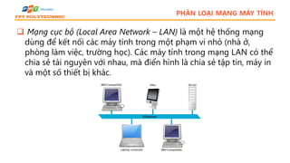 PHÂN LOẠI MẠNG MÁY TÍNH
 Mạng cục bộ (Local Area Network – LAN) là một hệ thống mạng
dùng để kết nối các máy tính trong một phạm vi nhỏ (nhà ở,
phòng làm việc, trường học). Các máy tính trong mạng LAN có thể
chia sẻ tài nguyên với nhau, mà điển hình là chia sẻ tập tin, máy in
và một số thiết bị khác.
 