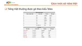 CÁCH THỨC GÕ TIẾNG VIỆT
 Tiếng Việt thường được gõ theo kiểu Telex
 