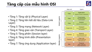 Tầng cấp của mẫu hình OSI
• Tầng 1: Tầng vật lý (Physical Layer)
• Tầng 2: Tầng liên kết dữ liệu (Data-Link
Layer)
• Tầng 3: Tầng mạng (Network Layer)
• Tầng 4: Tầng giao vận (Transport Layer)
• Tầng 5: Tầng phiên (Session layer)
• Tầng 6: Tầng trình diễn (Presentation
layer)
• Tầng 7: Tầng ứng dụng (Application layer)
 