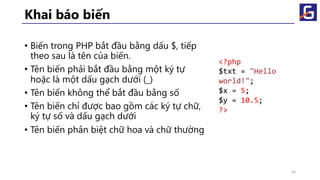 Khai báo biến
• Biến trong PHP bắt đầu bằng dấu $, tiếp
theo sau là tên của biến.
• Tên biến phải bắt đầu bằng một ký tự
hoặc là một dấu gạch dưới (_)
• Tên biến không thể bắt đầu bằng số
• Tên biến chỉ được bao gồm các ký tự chữ,
ký tự số và dấu gạch dưới
• Tên biến phân biệt chữ hoa và chữ thường
34
<?php
$txt = "Hello
world!";
$x = 5;
$y = 10.5;
?>
 