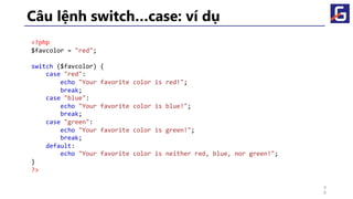 Câu lệnh switch…case: ví dụ
<?php
$favcolor = "red";
switch ($favcolor) {
case "red":
echo "Your favorite color is red!";
break;
case "blue":
echo "Your favorite color is blue!";
break;
case "green":
echo "Your favorite color is green!";
break;
default:
echo "Your favorite color is neither red, blue, nor green!";
}
?>
4
8
 