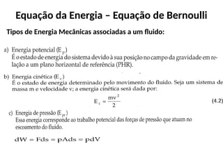 Equação da Energia – Equação de Bernoulli
Tipos de Energia Mecânicas associadas a um fluido:
 