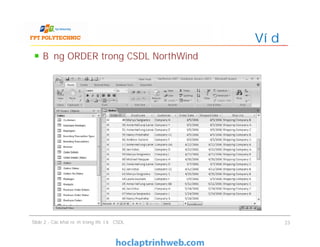 Bảng ORDER trong CSDL NorthWind
Ví dụ
Slide 2 - Các khái niệm trong thiết kế CSDL 23
 
