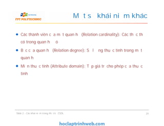 Các thành viên của một quan hệ (Relation cardinality): Các thực thể
có trong quan hệ đó
Bậc của quan hệ (Relation degree): Số lượng thuộc tính trong một
quan hệ
Miền thuộc tính (Attribute domain): Tập giá trị cho phép của thuộc
tính
Một số khái niệm khác
Các thành viên của một quan hệ (Relation cardinality): Các thực thể
có trong quan hệ đó
Bậc của quan hệ (Relation degree): Số lượng thuộc tính trong một
quan hệ
Miền thuộc tính (Attribute domain): Tập giá trị cho phép của thuộc
tính
Slide 2 - Các khái niệm trong thiết kế CSDL 24
 