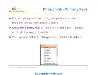 Khi định nghĩa quan hệ hoặc bảng, luôn phải chỉ ra một/một số
thuộc tính làm thuộc tính Khóa của quan hệ
Khóa chính (Primary Key): Một hoặc một số thuộc tính để phân biệt
mỗi bộ dữ liệu trong một quan hệ.
Ví dụ: quan hệ Orders (Đặt hàng) có thuộc tính khóa là Order ID
Khóa chính (Primary Key)
Khi định nghĩa quan hệ hoặc bảng, luôn phải chỉ ra một/một số
thuộc tính làm thuộc tính Khóa của quan hệ
Khóa chính (Primary Key): Một hoặc một số thuộc tính để phân biệt
mỗi bộ dữ liệu trong một quan hệ.
Ví dụ: quan hệ Orders (Đặt hàng) có thuộc tính khóa là Order ID
Slide 2 - Các khái niệm trong thiết kế CSDL 25
 