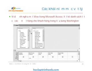 Ví dụ định nghĩa một View trong Microsoft Access: liệt kê danh sách tất
cả các đơn đặt hàng cho khách hàng trong tiểu bang Washington
Các khái niệm mức vật lý
Ví dụ định nghĩa một View trong Microsoft Access: liệt kê danh sách tất
cả các đơn đặt hàng cho khách hàng trong tiểu bang Washington
Slide 2 - Các khái niệm trong thiết kế CSDL 30
 