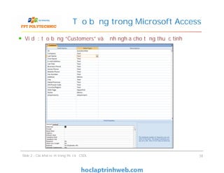 Ví dụ: tạo bảng “Customers” và định nghĩa cho từng thuộc tính
Tạo bảng trong Microsoft Access
Slide 2 - Các khái niệm trong thiết kế CSDL 38
 