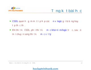 CSDL quan hệ gồm một tập hợp các đơn vị logic gọi là bảng hay
tập thực thể.
Khi thiết kế CSDL, phải thiết kế ở mức khái niệm/logic trước, sau đó
mới chuyển sang thiết kế ở mức vật lý
Tổng kết bài học
CSDL quan hệ gồm một tập hợp các đơn vị logic gọi là bảng hay
tập thực thể.
Khi thiết kế CSDL, phải thiết kế ở mức khái niệm/logic trước, sau đó
mới chuyển sang thiết kế ở mức vật lý
Slide 2 - Các khái niệm trong thiết kế CSDL 47
 