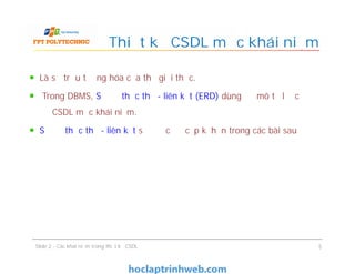 Là sự trừu tượng hóa của thế giới thực.
Trong DBMS, Sơ đồ thực thể - liên kết (ERD) dùng để mô tả lược
đồ CSDL mức khái niệm.
Sơ đồ thực thể - liên kết sẽ được đề cập kĩ hơn trong các bài sau
Thiết kế CSDL mức khái niệm
Là sự trừu tượng hóa của thế giới thực.
Trong DBMS, Sơ đồ thực thể - liên kết (ERD) dùng để mô tả lược
đồ CSDL mức khái niệm.
Sơ đồ thực thể - liên kết sẽ được đề cập kĩ hơn trong các bài sau
Slide 2 - Các khái niệm trong thiết kế CSDL 5
 