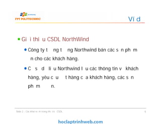 Giới thiệu CSDL NorthWind
Công ty tưởng tượng Northwind bán các sản phẩm đồ
ăn cho các khách hàng.
Cơ sở dữ liệu Northwind lưu các thông tin về khách
hàng, yêu cầu đặt hàng của khách hàng, các sản
phẩm đồ ăn.
Ví dụ
Giới thiệu CSDL NorthWind
Công ty tưởng tượng Northwind bán các sản phẩm đồ
ăn cho các khách hàng.
Cơ sở dữ liệu Northwind lưu các thông tin về khách
hàng, yêu cầu đặt hàng của khách hàng, các sản
phẩm đồ ăn.
Slide 2 - Các khái niệm trong thiết kế CSDL 9
 