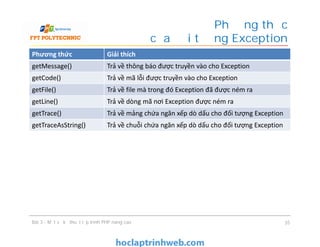 Phương thức Giải thích
getMessage() Trả về thông báo được truyền vào cho Exception
getCode() Trả về mã lỗi được truyền vào cho Exception
getFile() Trả về file mà trong đó Exception đã được ném ra
getLine() Trả về dòng mã nơi Exception được ném ra
getTrace() Trả về mảng chứa ngăn xếp dò dấu cho đối tượng Exception
getTraceAsString() Trả về chuỗi chứa ngăn xếp dò dấu cho đối tượng Exception
Phương thức
của đối tượng Exception
Bài 3 - Một số kỹ thuật lập trình PHP nâng cao 35
 
