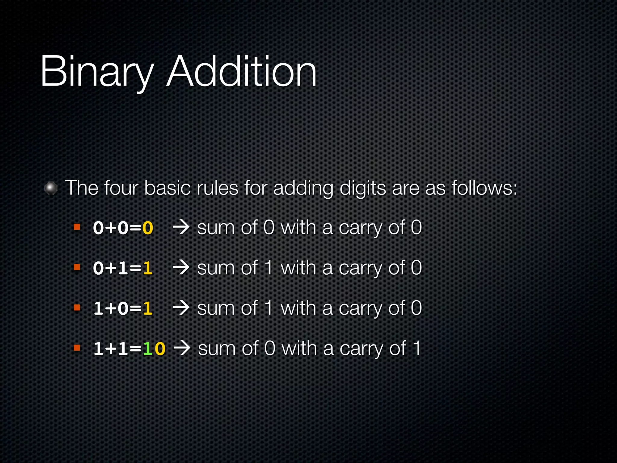 Binary Addition

 The four basic rules for adding digits are as follows:
    0+0=0  sum of 0 with a carry of 0
    0+1=1  sum of 1 with a carry of 0
    1+0=1  sum of 1 with a carry of 0
    1+1=10  sum of 0 with a carry of 1
 