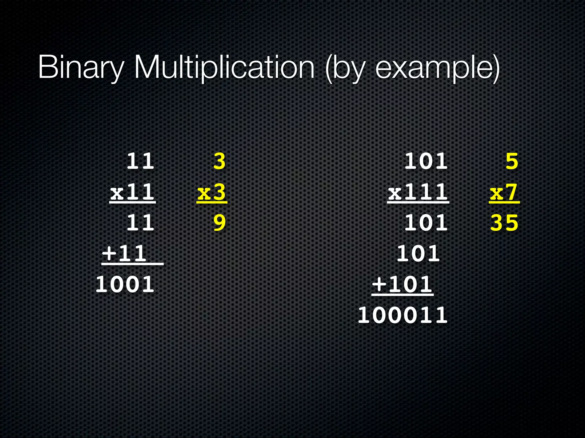 Binary Multiplication (by example)

      11    3              101    5
     x11   x3            x111    x7
      11    9              101   35
    +11                   101
    1001                +101
                       100011
 