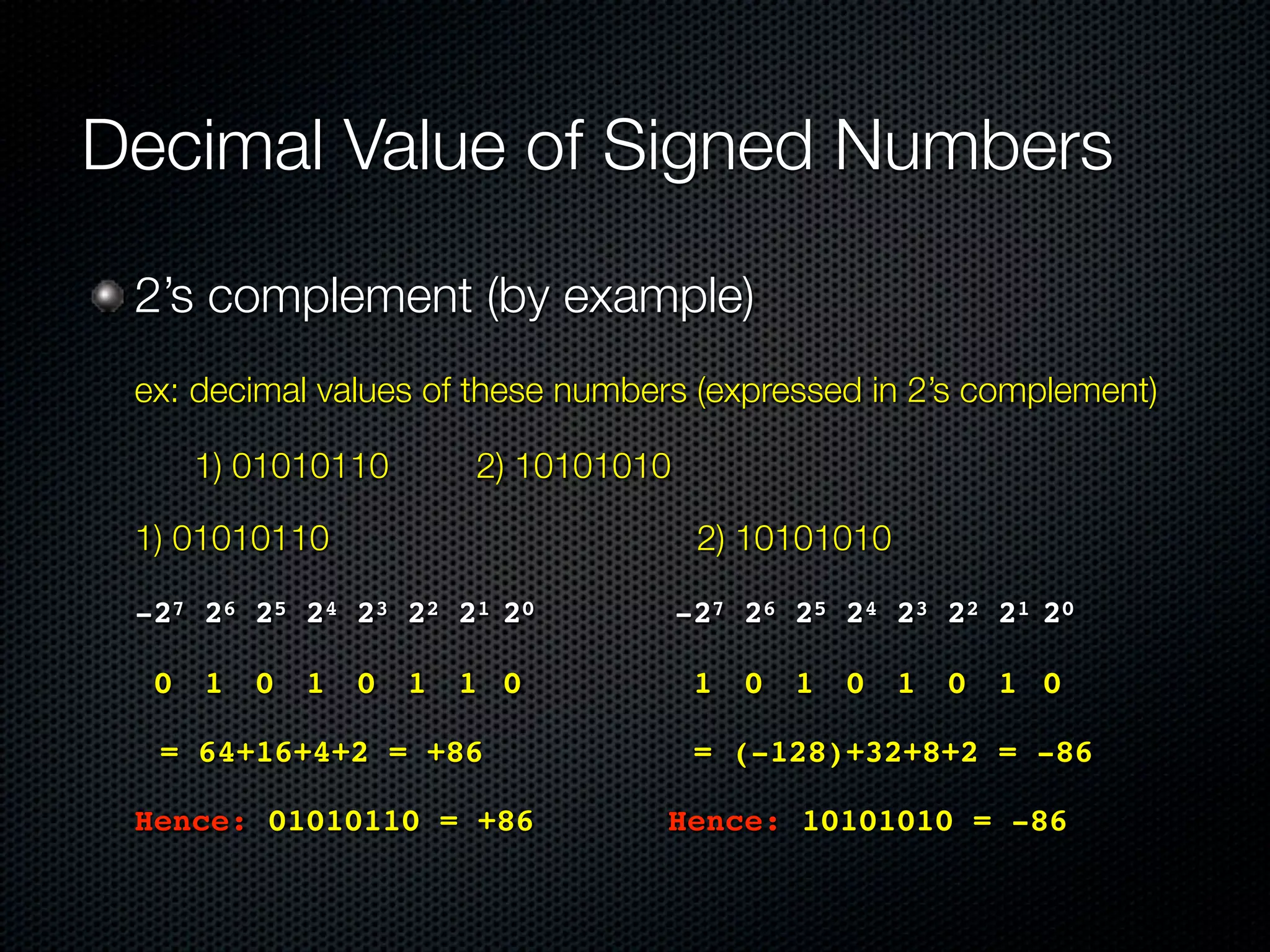 Decimal Value of Signed Numbers

    2’s complement (by example)

   ex: decimal values of these numbers (expressed in 2’s complement)

	   	       1) 01010110	 	      2) 10101010

	   1) 01010110	                               2) 10101010 	 	

	   -27 26 25 24 23 22 21 20                  -27 26 25 24 23 22 21 20
!       0   1   0   1   0   1   1 0            1   0   1   0   1   0   1 0
!       = 64+16+4+2 = +86                      = (-128)+32+8+2 = -86

! Hence: 01010110 = +86                   Hence: 10101010 = -86

	
 