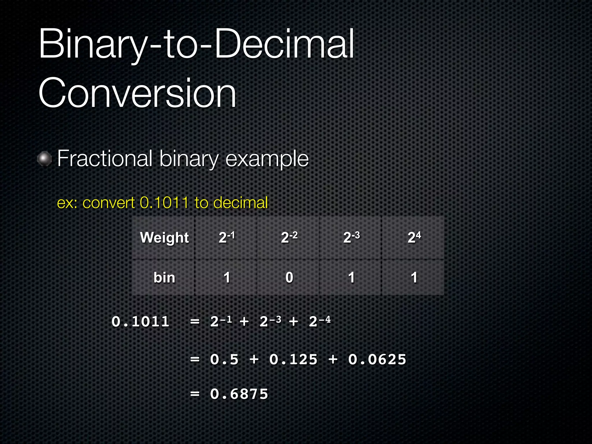 Binary-to-Decimal
Conversion
    Fractional binary example
	   ex: convert 0.1011 to decimal

               Weight     2-1       2-2   2-3   24

                   bin    1         0     1     1

       	   0.1011 != 2-1 + 2-3 + 2-4

           ! ! ! = 0.5 + 0.125 + 0.0625
           !   !    ! = 0.6875
 